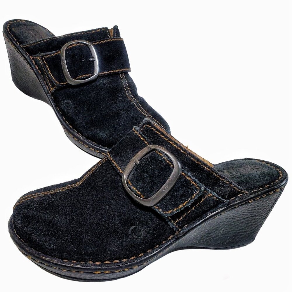 Born Suede Leather Slip On Wedge Heeled Strap Buckle Clogs Mules Women 7 US